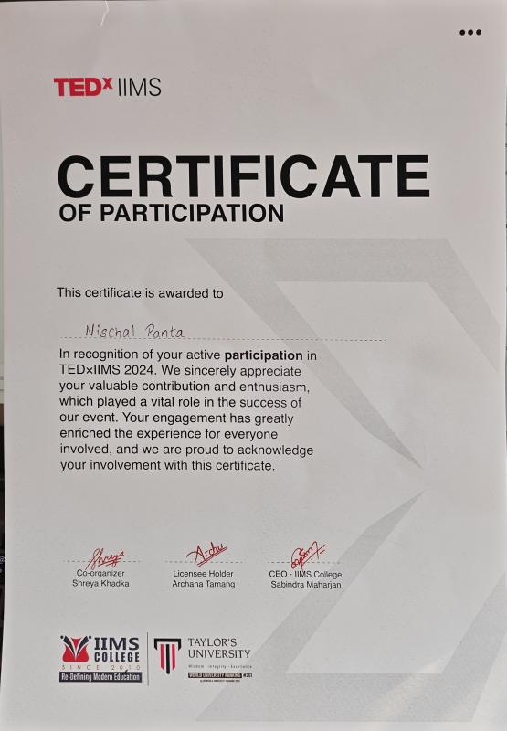 TEDx IIMS Certificate